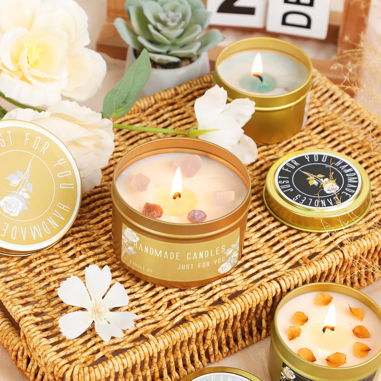 CONNOO 48 Pack Candle Tins - 24pcs 8oz + 24pcs 4oz Matte Gold Candle Jars with Lids for Making Candles, Bulk Empty Candle Containers with Sticky Warning Labels for Candle Making, Storage, and Gift