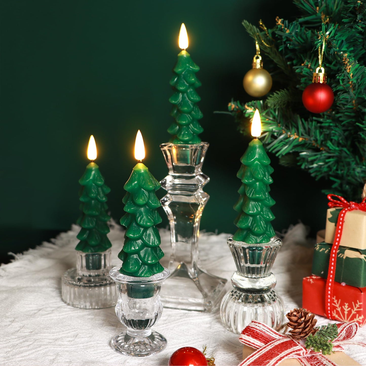 yunsheng 6Pcs Christmas Tree Candles with Remote Timer, Green Real Wax Flameless Taper Candles Flickering, 5 Inches Battery Operated LED Window Candle for Home Holiday Decor