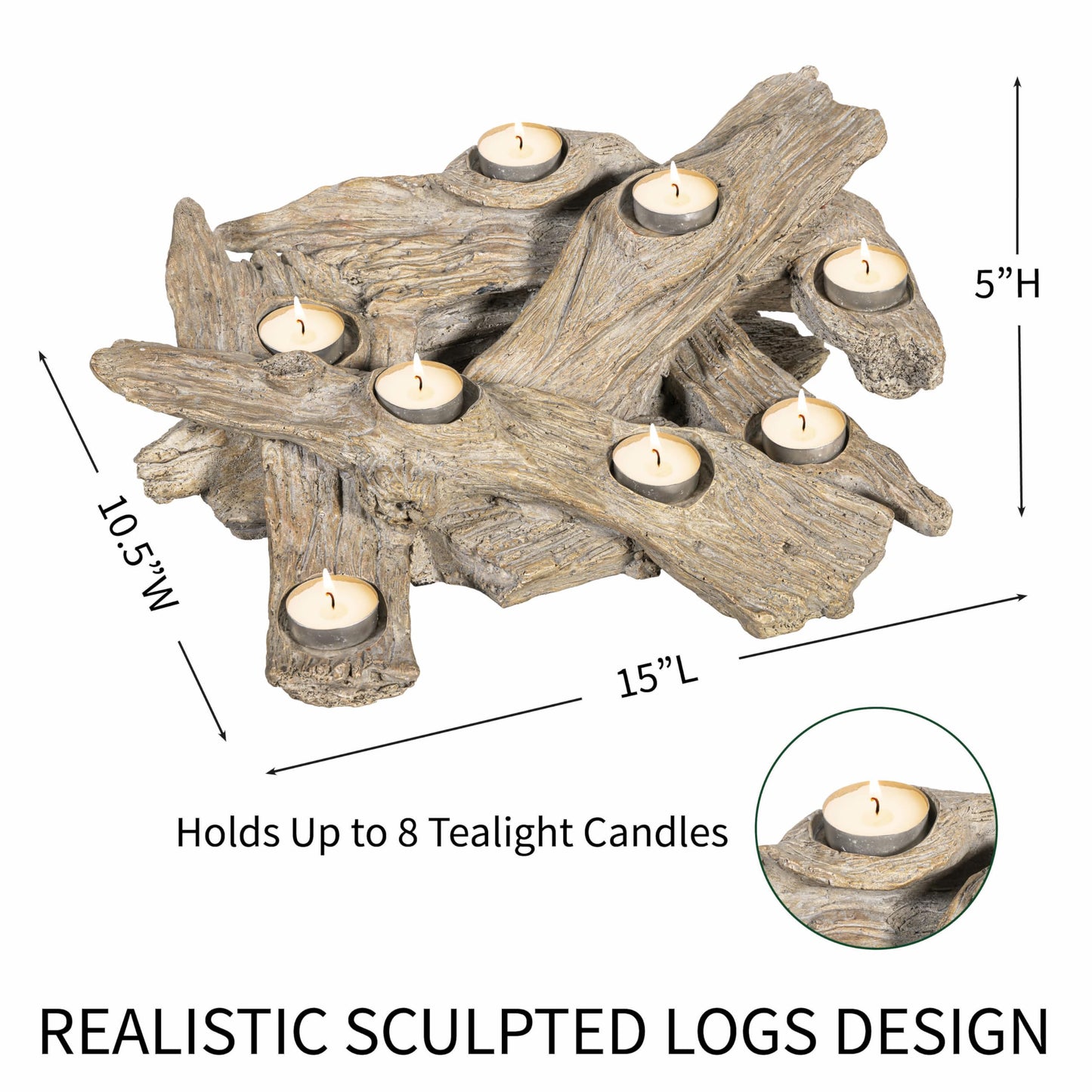 Plow & Hearth Faux Driftwood Fireplace Candle Holder, Resin Log Insert for Fireplace Decor, Holds 8 Fireplace Candles for Inside Fireplace, Coastal Beach Cozy Living Room Fireplace Decorations