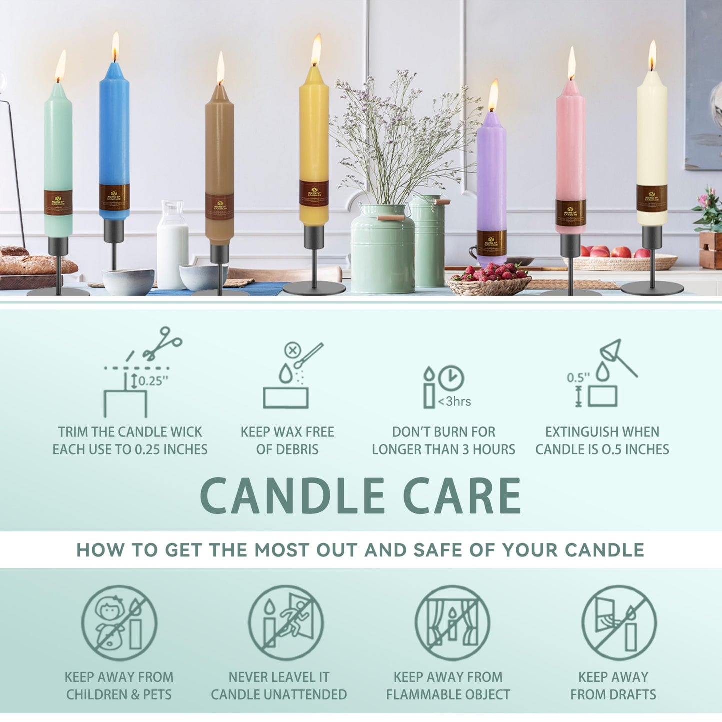 Mint Green Short Taper Candle 7 Inch Candlesticks Unscented Dripless Tapered Candle Set for Home Decor Wedding Party Dinner Candles