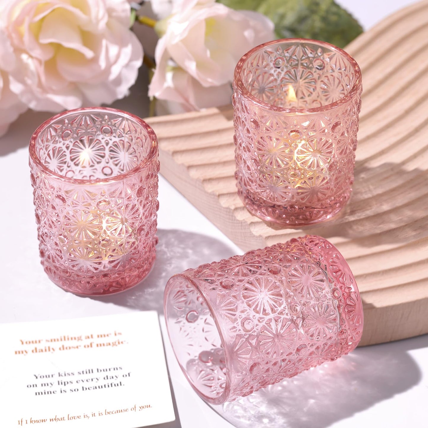 Lanttu Pink Votive Candle Holder Set of 12, Flower Tea Lights Candles Holders for Wedding Table Centerpieces, Birthday Parties, Anniversary, Pink Bridal Shower and Holiday Decorations