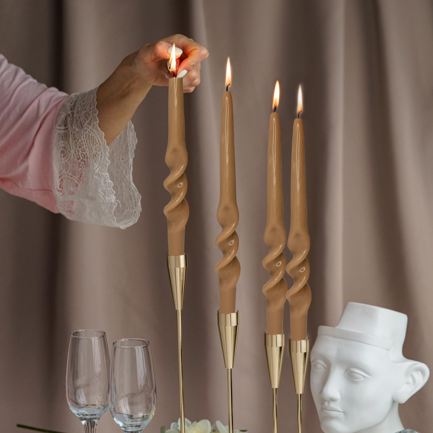 Taper Candle Spiral Candlesticks Brown Twisted Candles Long Unscented Candle Sticks Smokeless Tapered Candles for Dinner Wedding Home Table Decor Housewarming