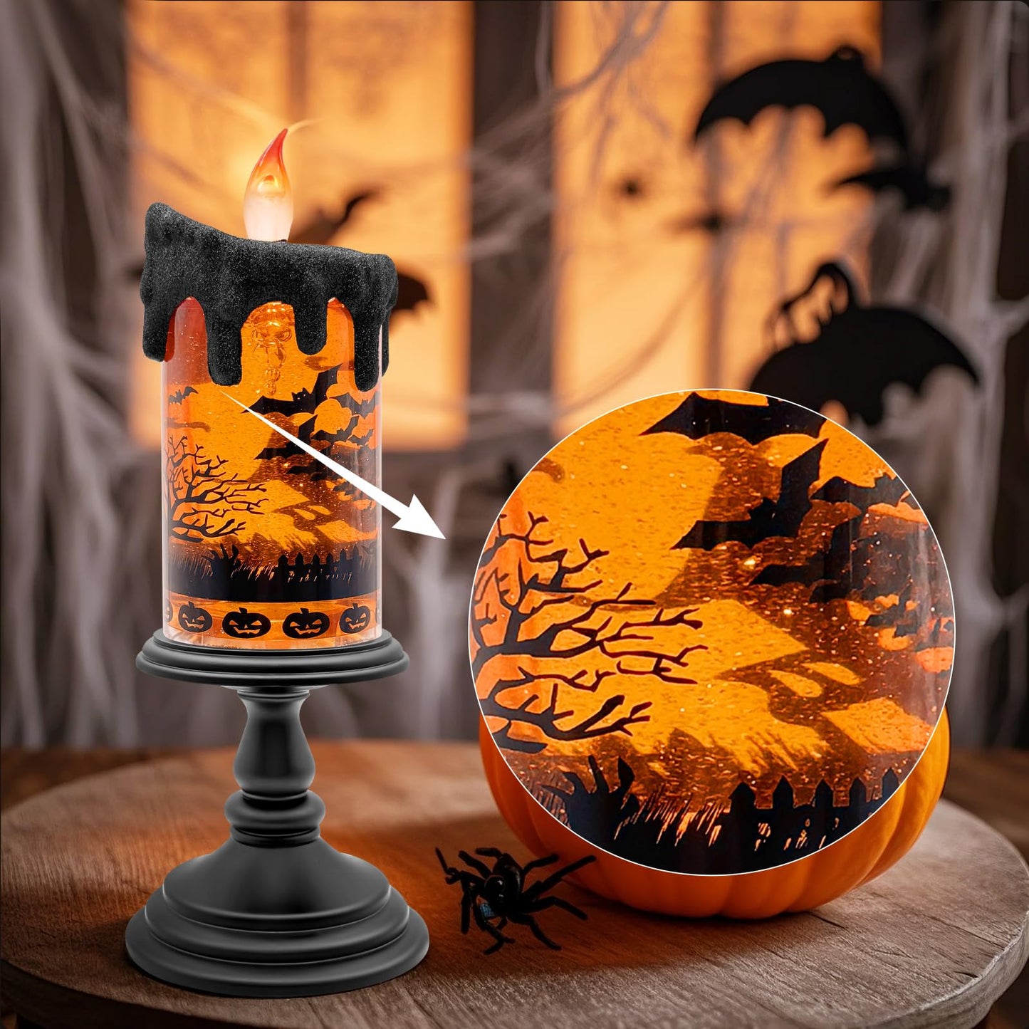 Halloween Snow Globe Flameless Candle – Lighted Halloween Glitter Lantern with Spinning Water and Timer, Pumpkin & Bat Scene Halloween Decor for Home, Party, Table Centerpiece