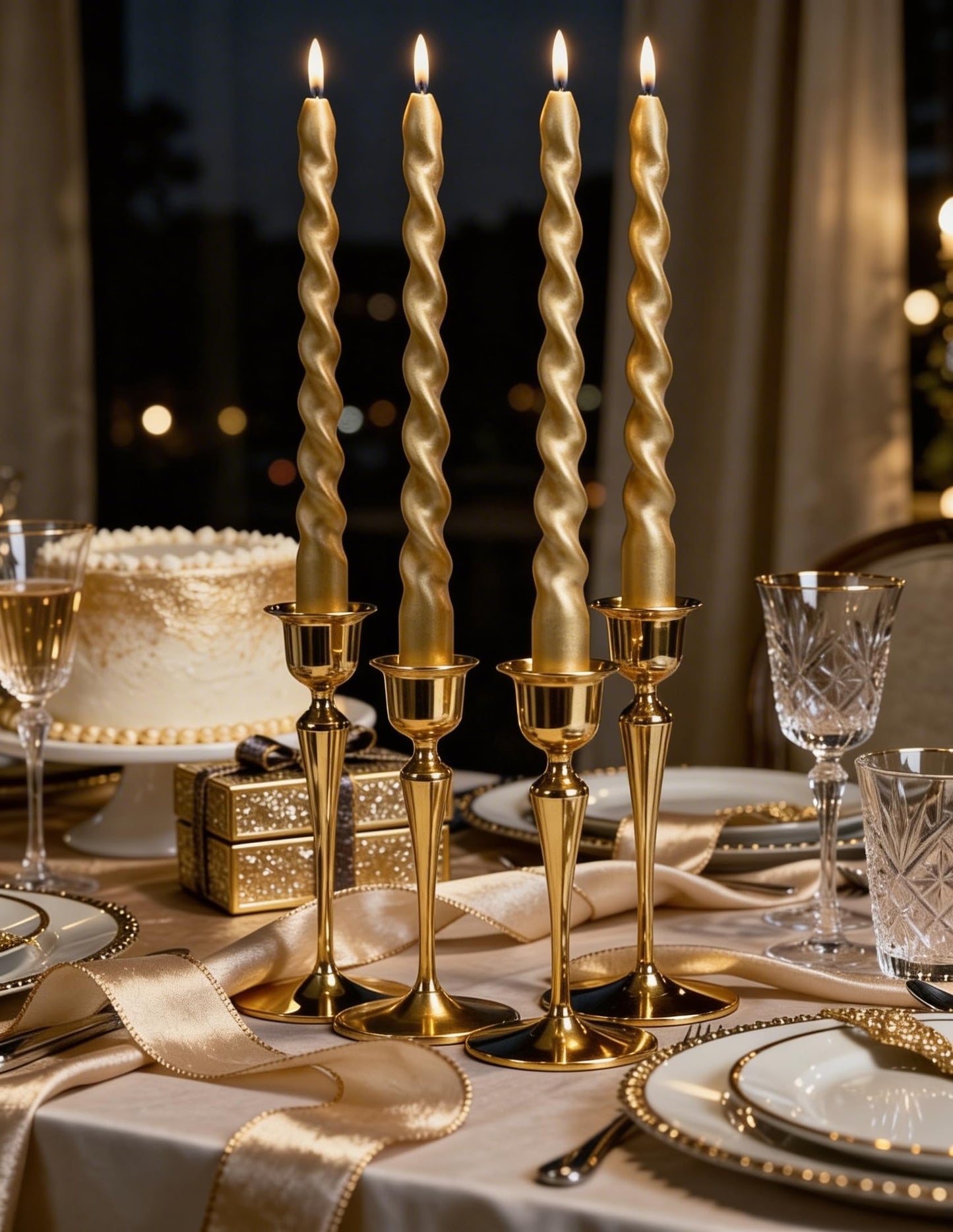 Viyffo Spiral Taper Candles 12 Inch – 4 Pack Gold, Dripless, Unscented, Smokeless – 9 Hour Burn – Tall Candlesticks for Wedding, Dinner, Holiday, Party, Home Decor
