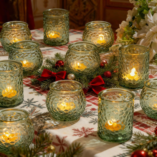 24-Piece Green Glass Votive Candle Holders Set – Tealight Candle Holder Glass Bulk with 12 Round & 12 Hammered Textured Cups, Green Votive Candle Holders for Weddings, Parties, Home