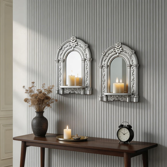 sxnzequnze 2 Set Vintage Candle Wall Sconce for Home Decor Living Room Bedroom Office Wood Antique Mirrored Victorian Mounted Candlestick Wall Holder Relief Hanging Decor -Silver 11.8in