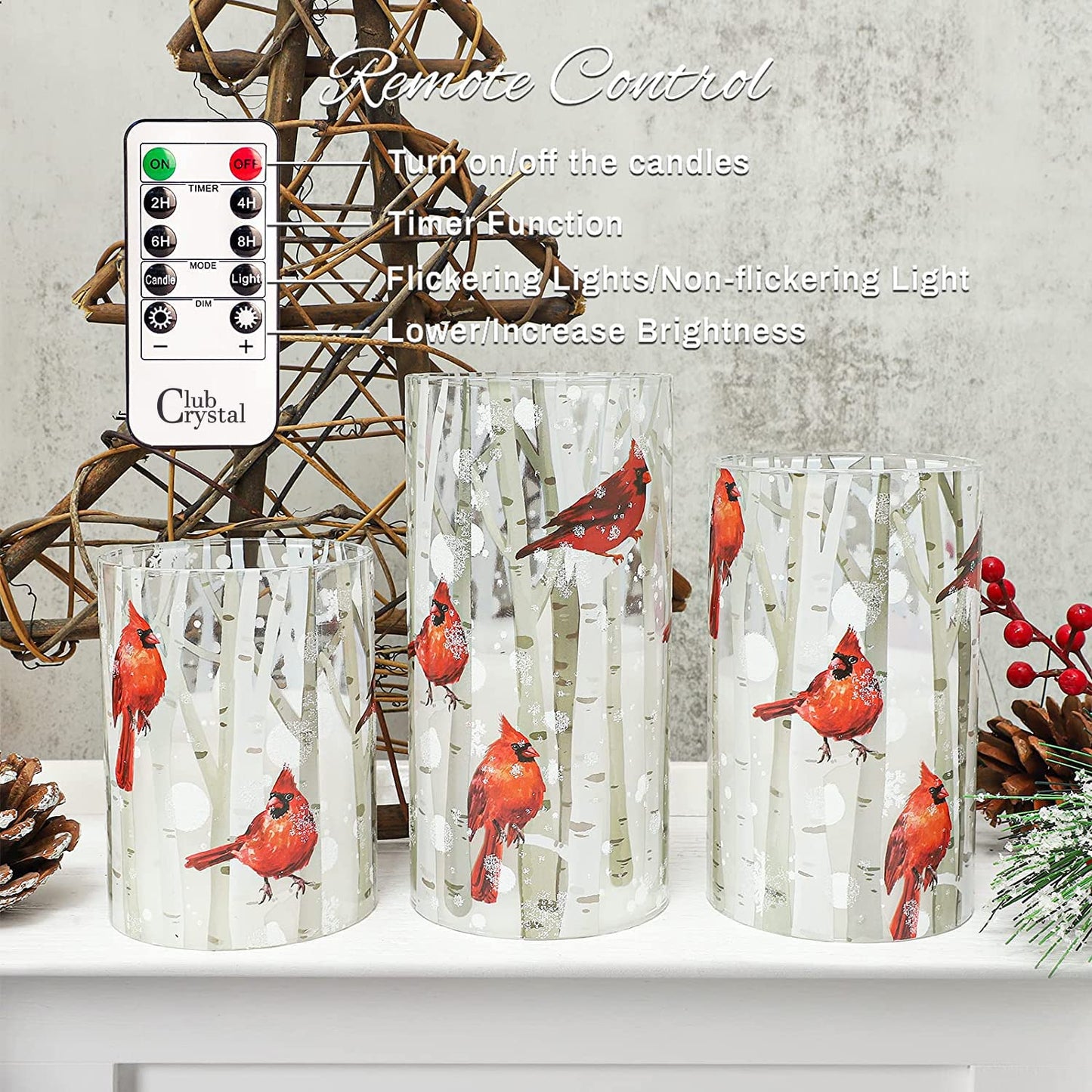 Crystal Club Flameless Candles, Cardinal Theme, (Set of 3) Battery Operated LED Candles with Remote, Real Wax & Glass Effect Candle with Timer for Christmas Home Festival Décor