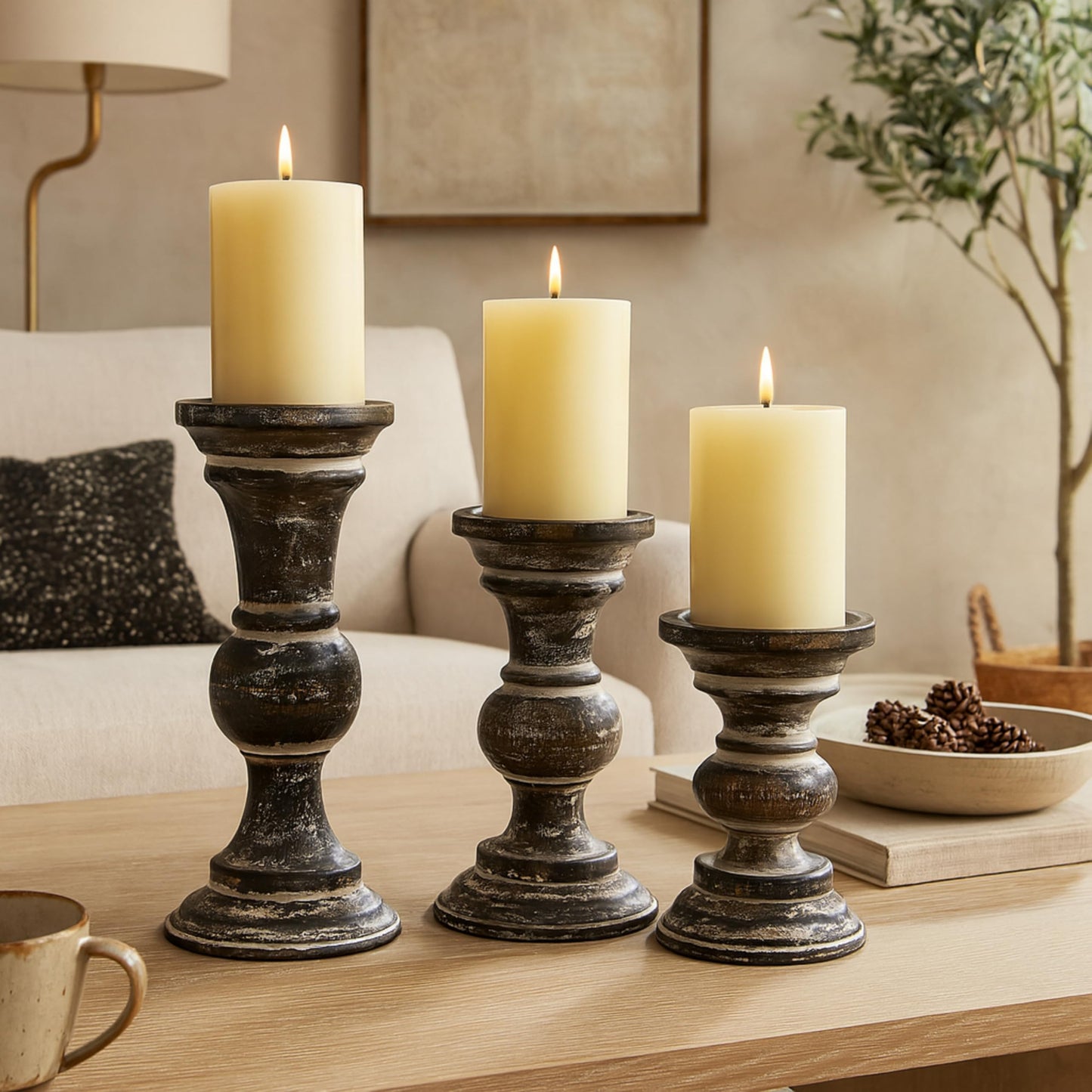 Deco 79 Wood Candle Holder, Set of 3 6', 8', 10'H, Dark Brown