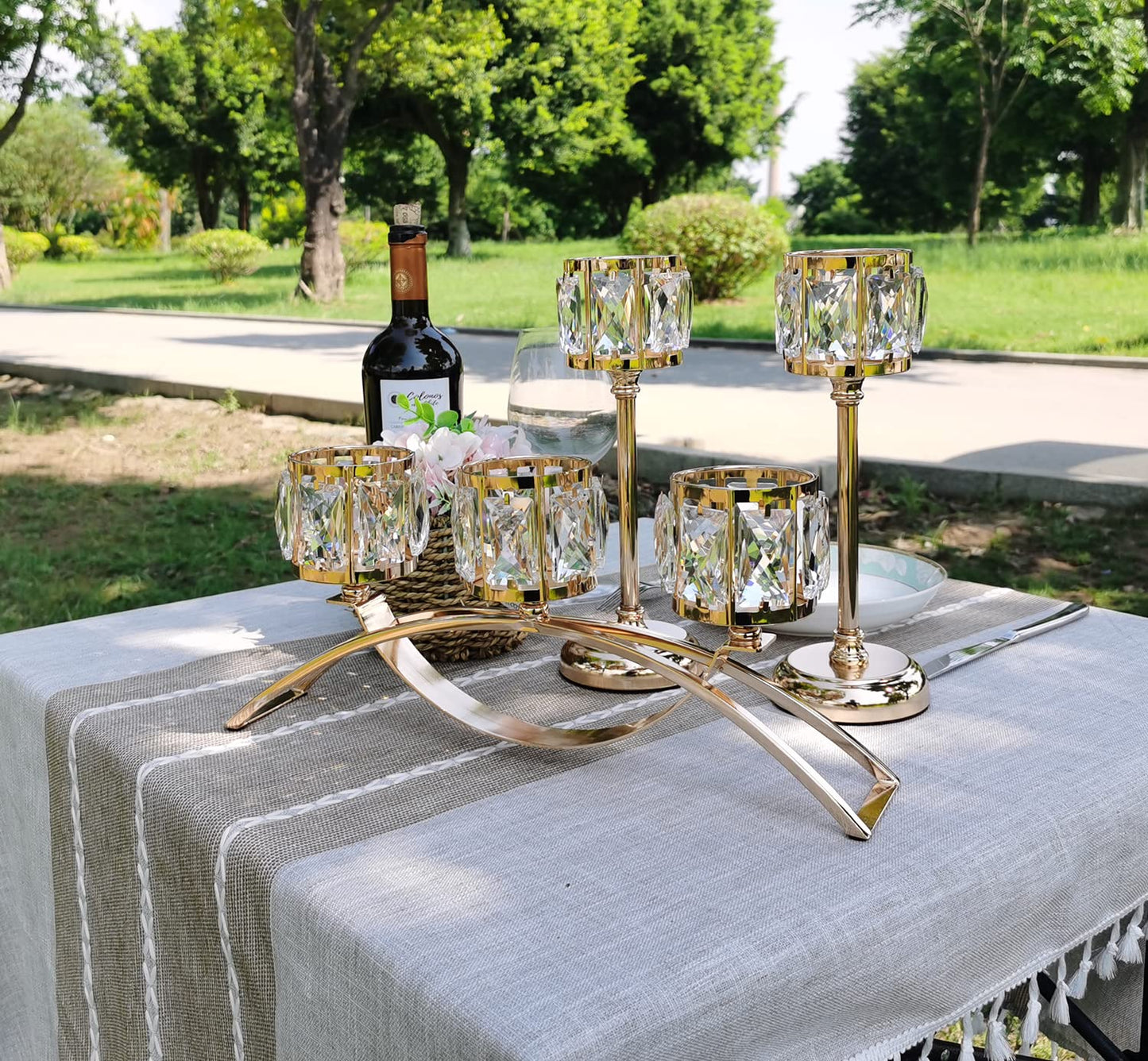 KEHAIL 3 Arms Crystal Candle Holders, Arch Candlestick Table Candelabras Centerpieces for Wedding, Dinning Room, Cabinet Ornaments, Home Decoration, Gift (3-arm Arched Set, Gold)