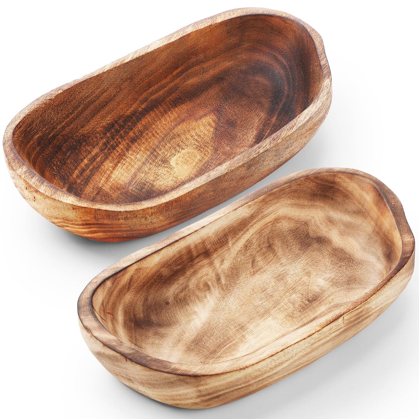 2 Pcs Wooden Dough Bowls for Decor Oblong Decorative Bowl Home Decor Fruit Vessel for Kitchen Counter Rustic Carved Serving Container Long Wooden Bread Tray for Dining Room Table(10 x 6 x 2 Inch)