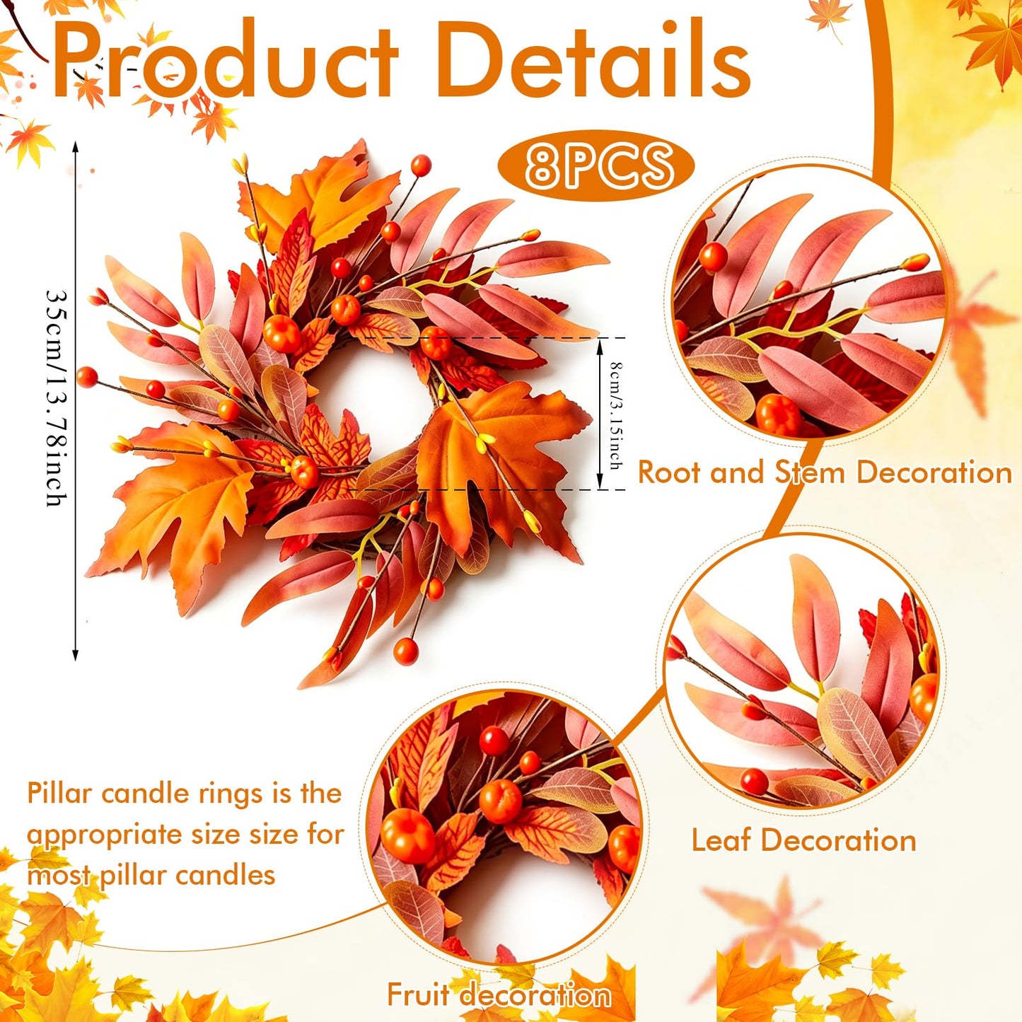 8 Pcs Mini Fall Wreaths Thanksgiving Table Centerpieces Fall Candle Rings 9 Inch Maple Leaf Wreaths for Cabinets Farmhouse Autumn Wreath for Front Door Porch Wall Window Decorations