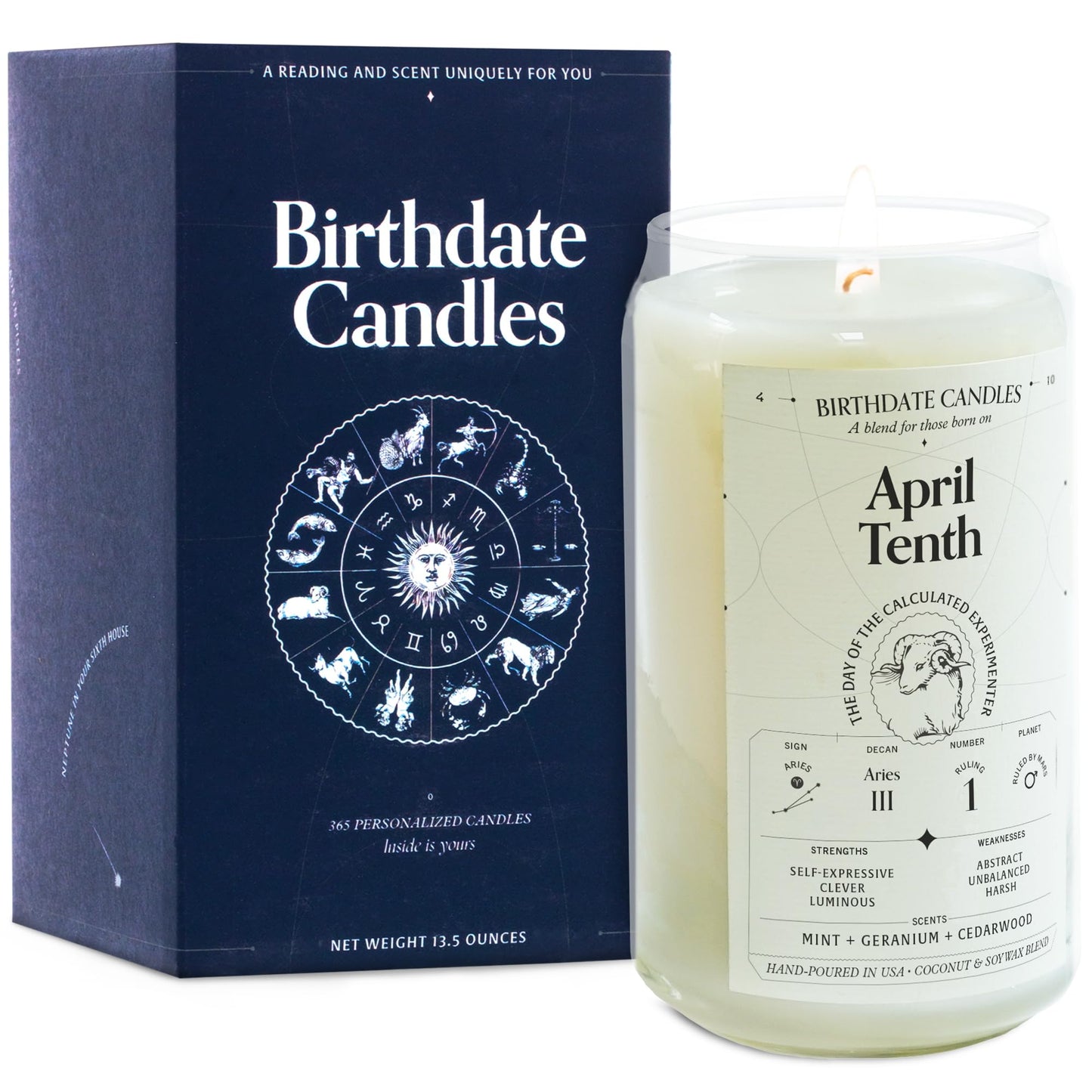 Birthdate Candles, April 10 - Aries Zodiac Scented Candles Birthday Gift - Mint, Geranium & Cedarwood Scent - All-Natural Soy & Coconut Wax, 60-80 Hour Burn Time - Made in USA