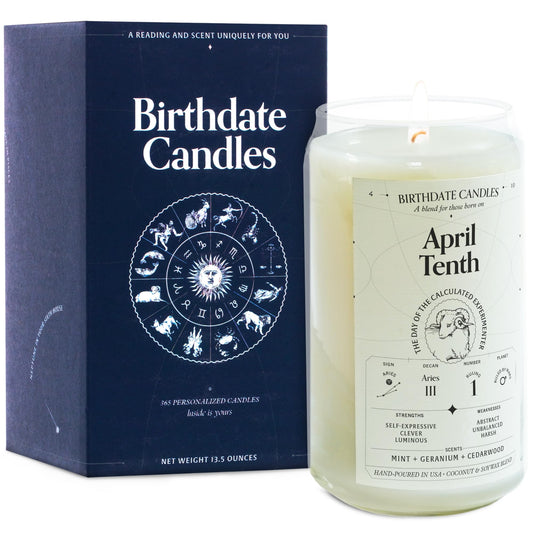 Birthdate Candles, April 10 - Aries Zodiac Scented Candles Birthday Gift - Mint, Geranium & Cedarwood Scent - All-Natural Soy & Coconut Wax, 60-80 Hour Burn Time - Made in USA