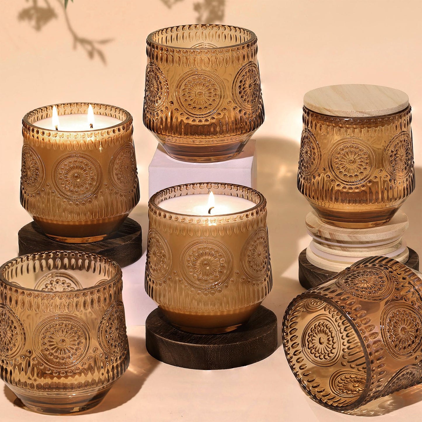 LAMORGIFT 6 Pack Amber Candle Jars for Making Candles- Large 13.5oz Glass Jars with Wooden Lids and Labels, Empty Candle Jars, Candle Containers Vessels for Candle Making Supplies