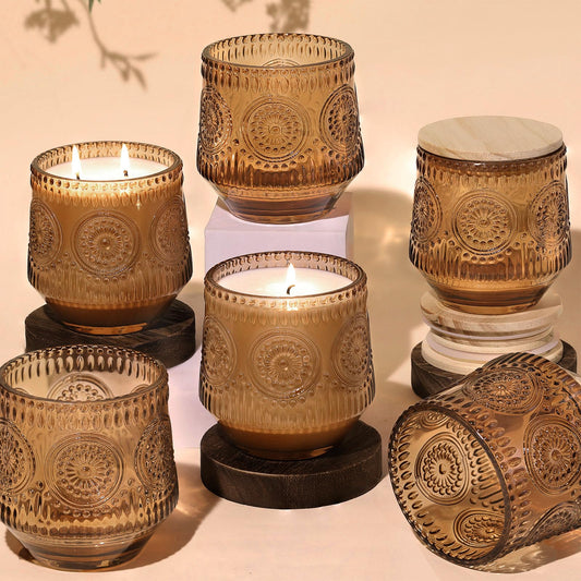 LAMORGIFT 6 Pack Amber Candle Jars for Making Candles- Large 13.5oz Glass Jars with Wooden Lids and Labels, Empty Candle Jars, Candle Containers Vessels for Candle Making Supplies