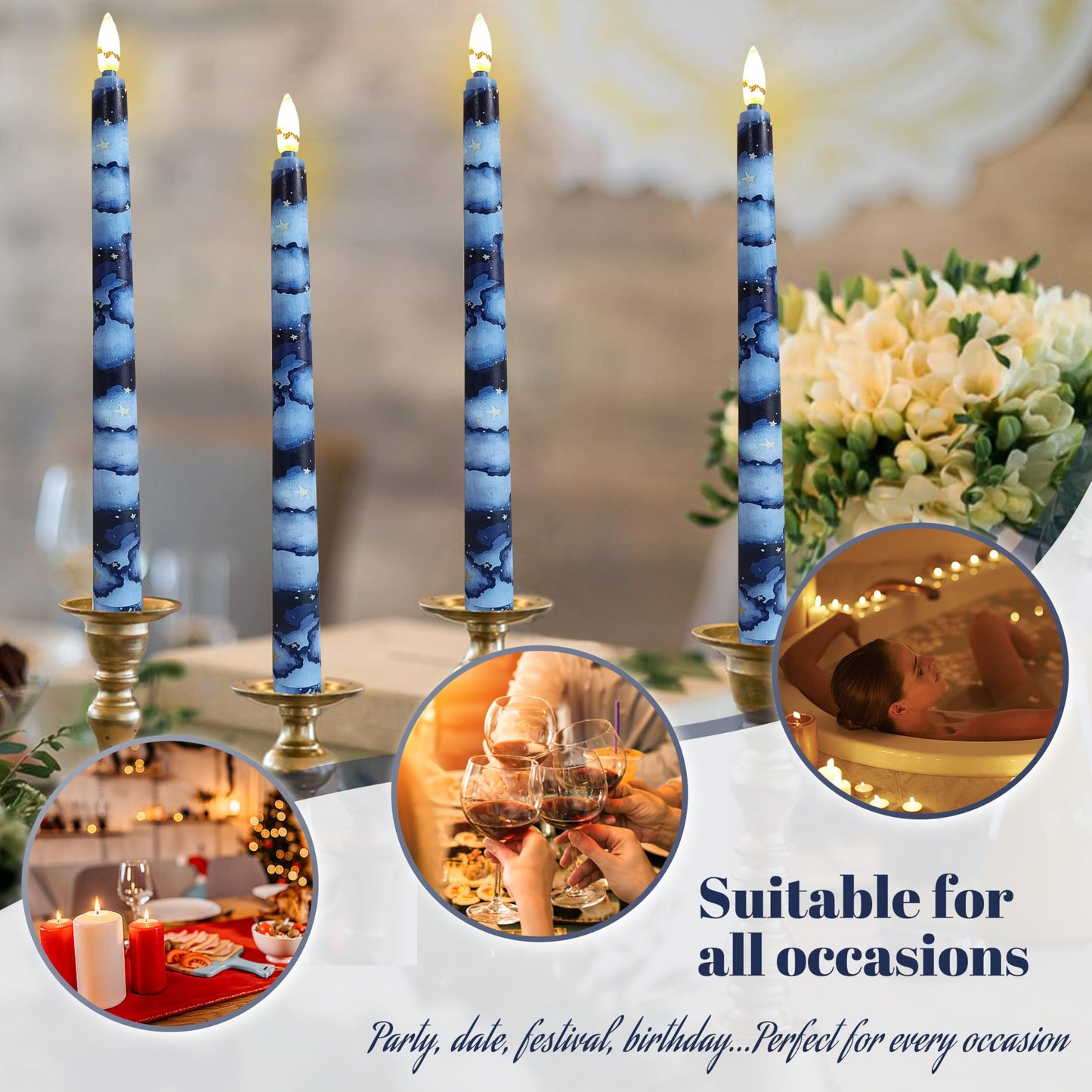 FCMSHAMD 6PCS Starry Sky Flameless Taper Candles, 11 Inch LED Candlesticks Battery Operated with 11-Key Remote and Timer, 3D Flickering Flame Lights for Wedding Party Home Decor Gifts