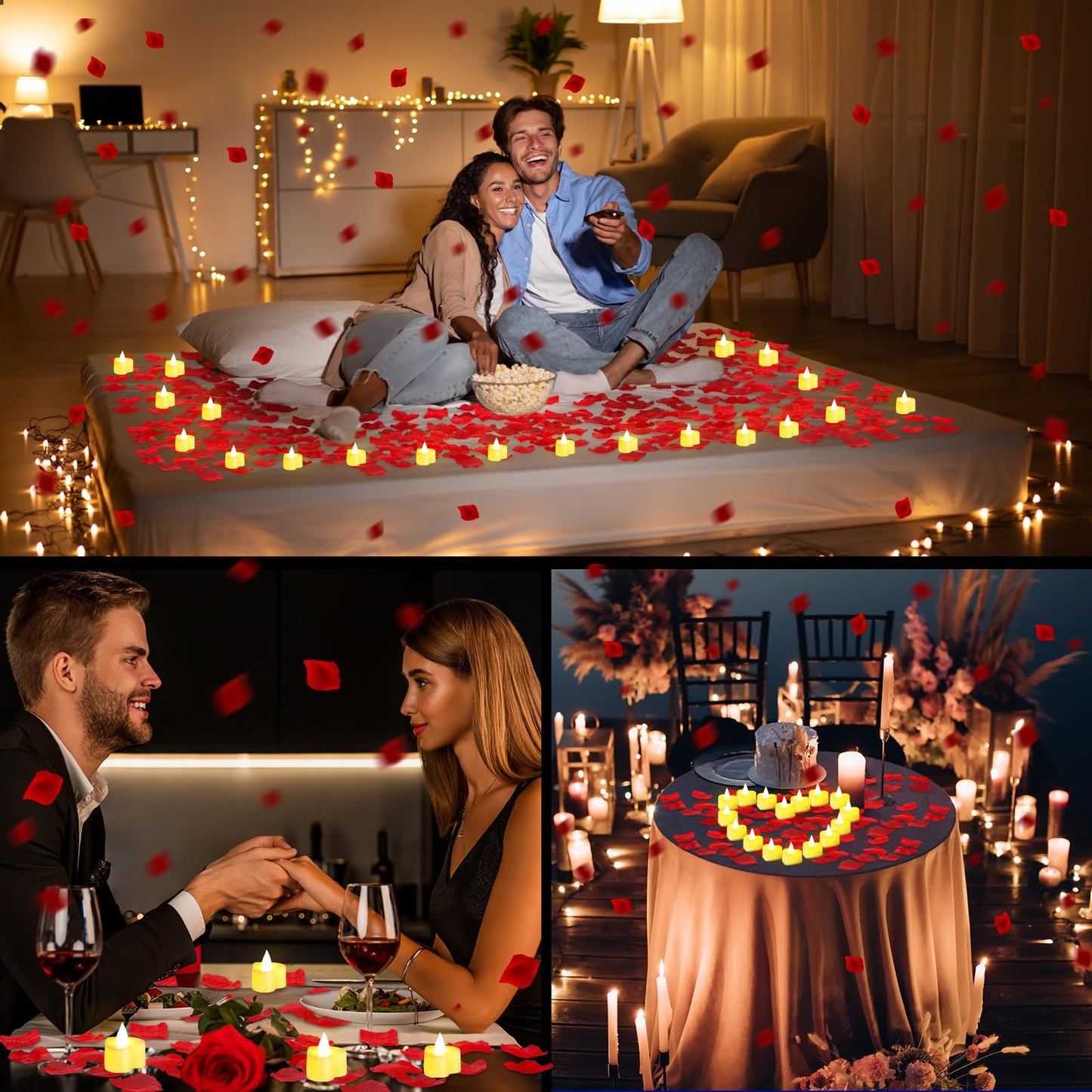 VIHOSE 4000 Pcs Artificial Rose Petals with 24 Pcs LED Tea Lights Candles Flameless LED Candles Fake Rose Petals for Wedding Birthday Party(Yellow Light, Red Petal)