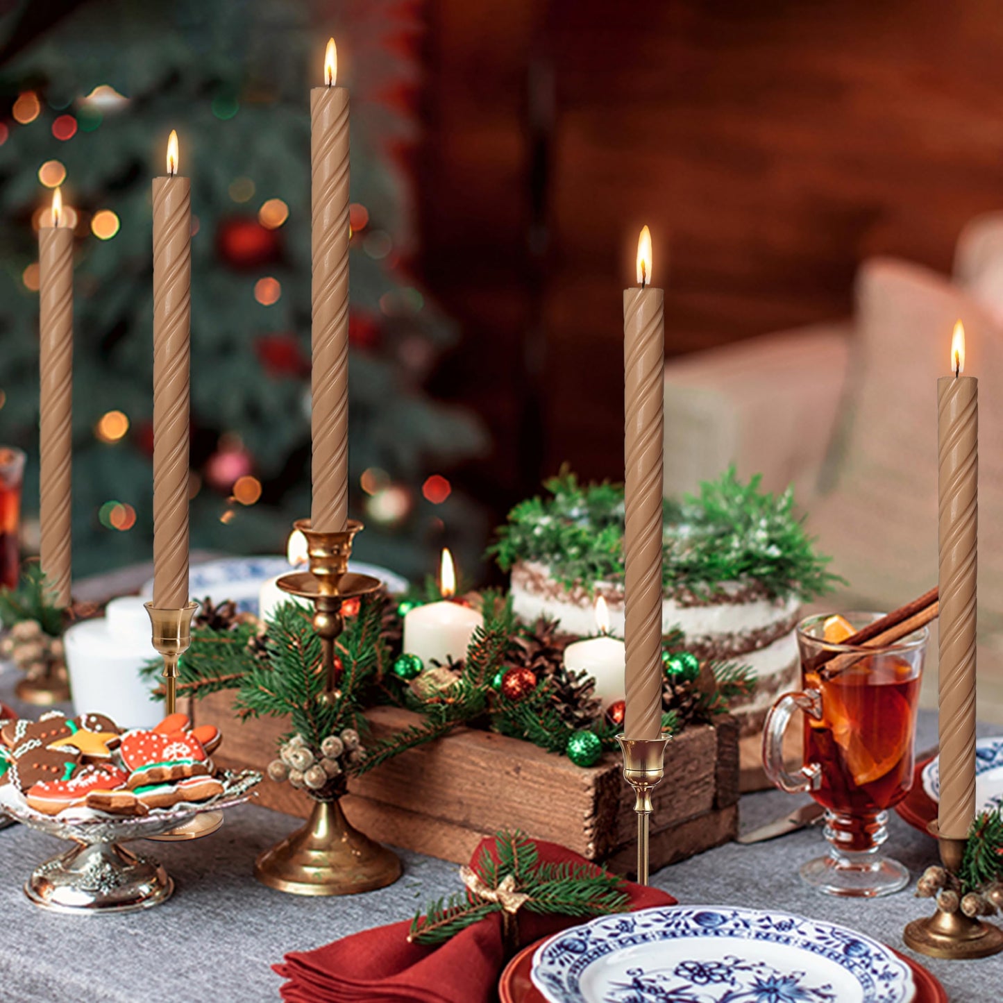 Unscented Taper Candles Dripless Brown Spiral Candles Smokeless Long Dinner Candles 10 Inch Housewarming Candlesticks for Home Decoration