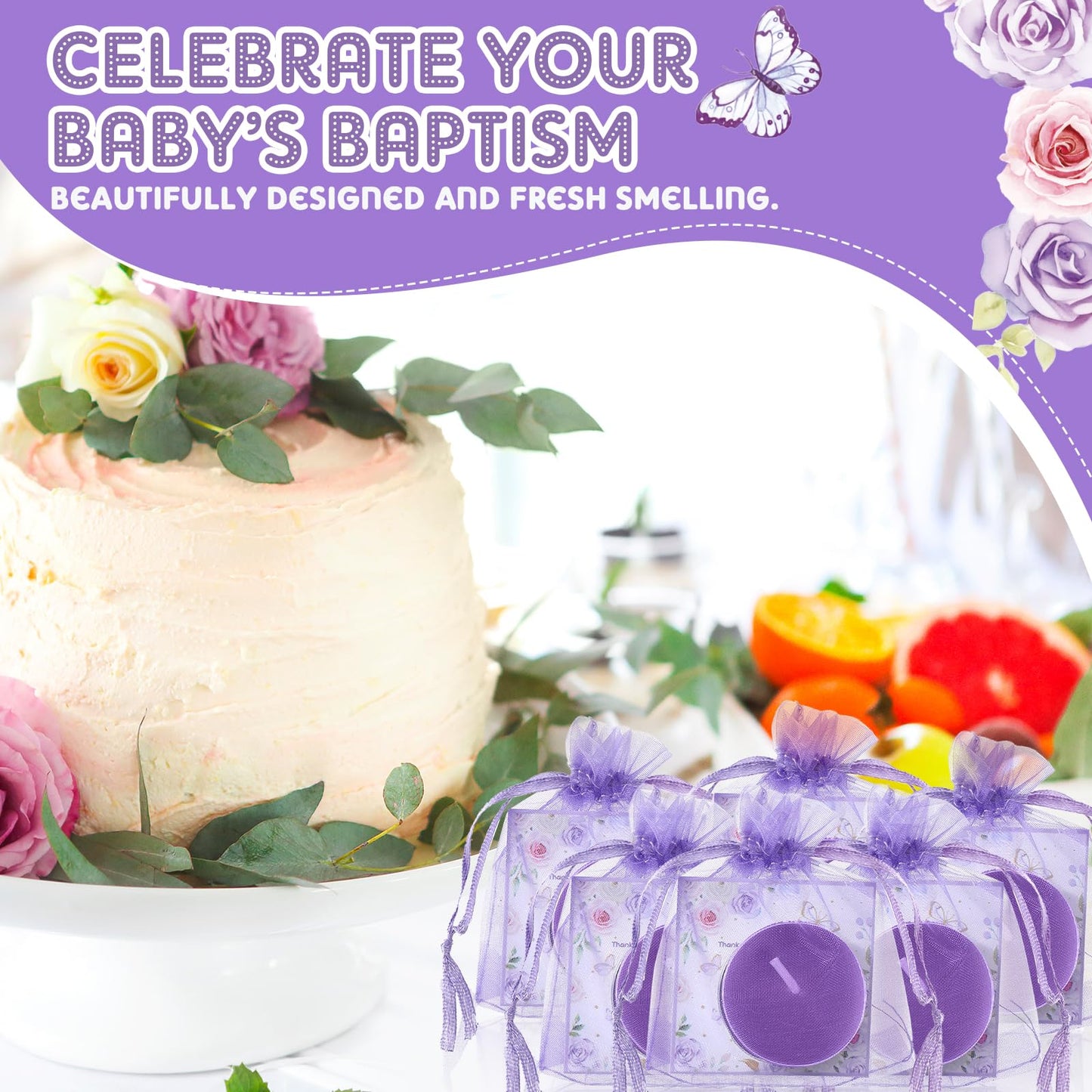 MTLEE 50 Sets Baby Shower Party Favors Candles Including 50 Pcs Tealight Candles Thank You Cards Baby Shower Bags for Guests Prizes Gender Reveal Party Decorations(Purple,Butterfly)