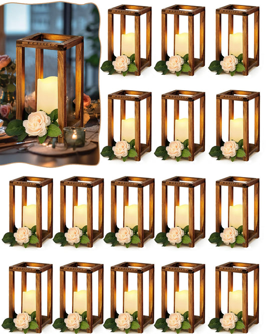 Huquary 32 Pcs/16 Set Wooden Wedding Lantern Centerpiece Include Farmhouse Candle Holders and Flameless LED Candles for Rustic Wedding Table Decoration