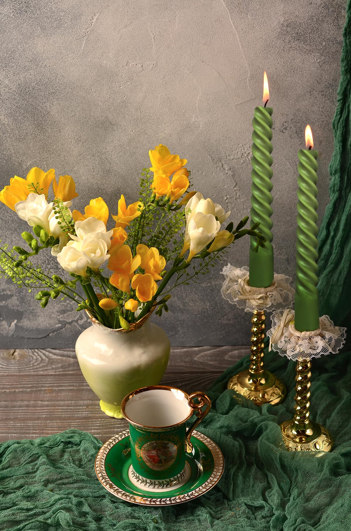 6 Pack 10 Inch Olive-Green Spiral Taper Candles for Christmas and Spring Home Decoration, Unscented Dripless Twisted Candlesticks for Dinner St. Patrick's Day Earth Day and Garden Parties