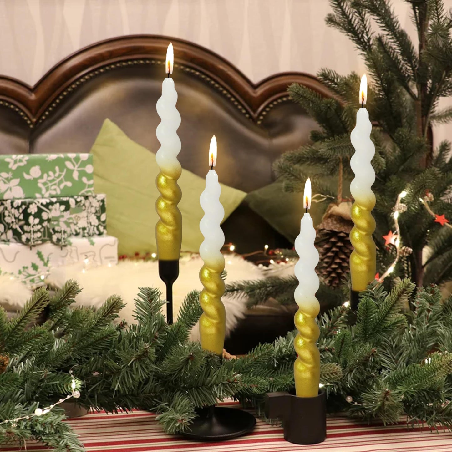 Christmas Spiral Candles Gold Taper Candles -7.5 in Unscented Candlestick for Winter Gift Holiday Christmas Home Decoration Candles, 4 Pack