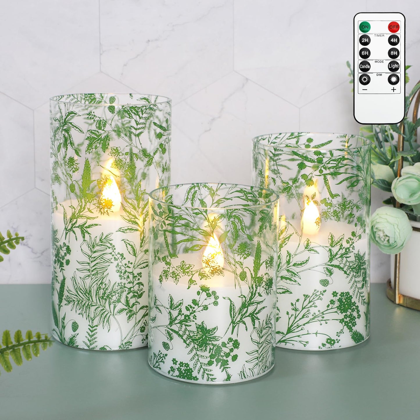 Impress Life Flameless Candles with Remote, 3PC Battery Operated LED Flickering Glass Candles, Real Wax Leaves Candles for Wedding Patry Home Decor