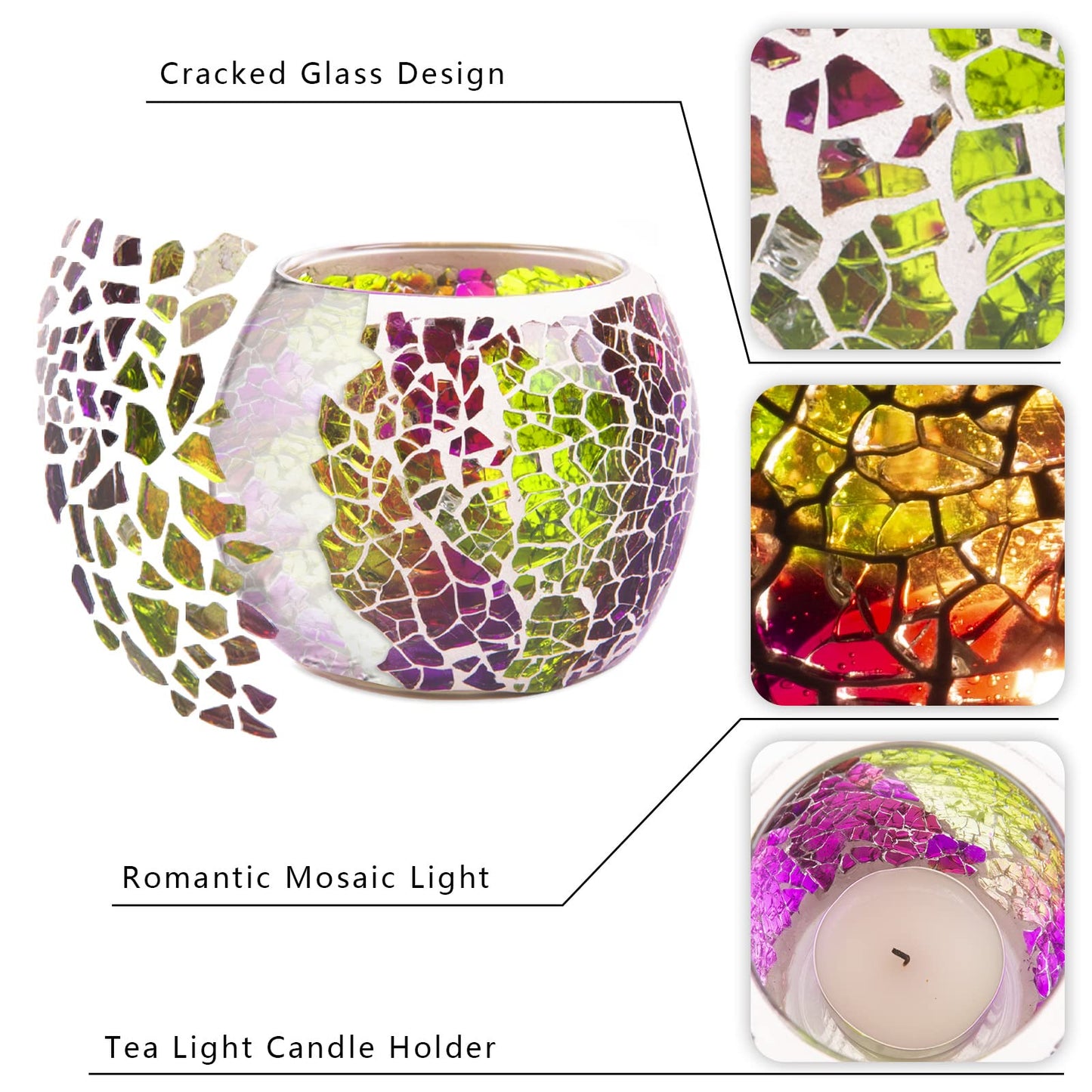 Rancco Glass Votive Candle Holder for Tealight, Romantic Mosaic Cracked Candle Holder, Candle Lamp Aromatherapy Candlescape Bowl for Valentine's Thanksgiving, Christmas Table Centerpiece, Party Decor