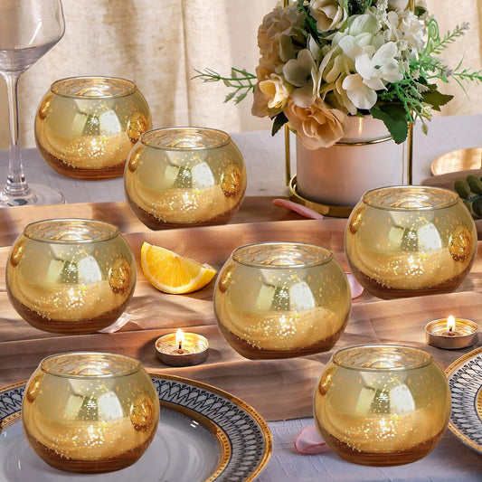 12pcs Gold Round Votive Candle Holders,Glass Gold Mercury Glass Votive Candle Holders Round Tealight for Christmas Decoration, Table Centerpieces, Weddings, Shower Gift