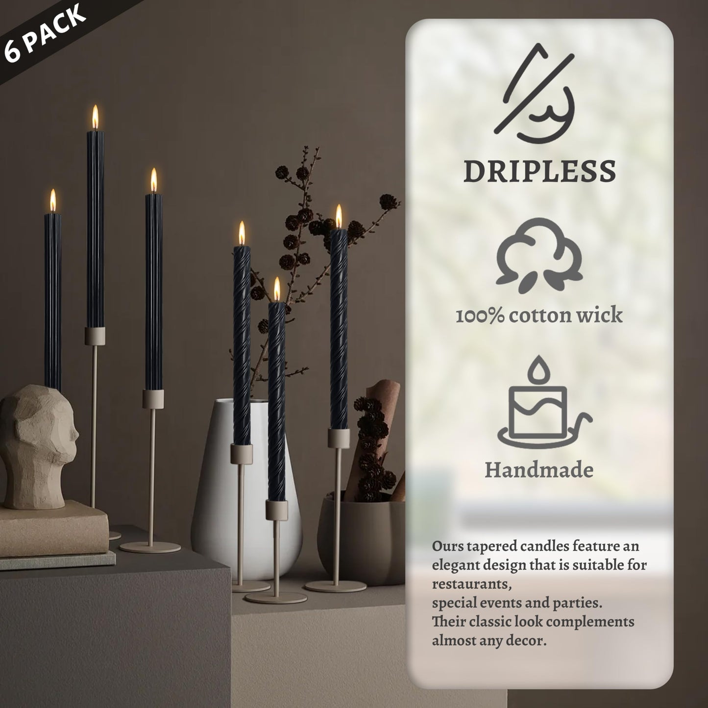 Dripless Black Spiral Taper Candles Smokeless Long Lasting Burn10 Inch Roman Column Candlesticks for Home Décor Holiday Party Romantic Evenings