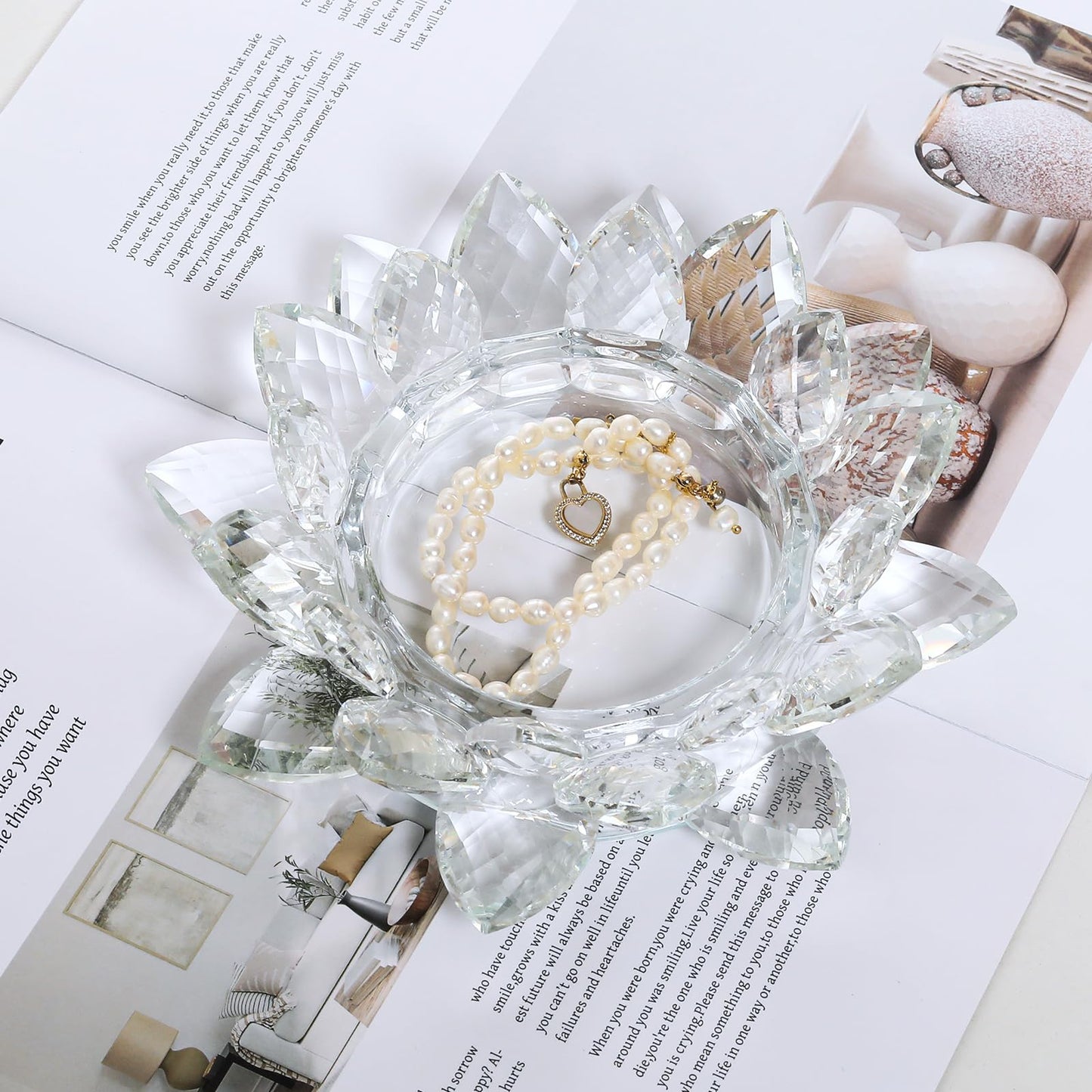 Crystal Lotus Flower Tealight Candle Holder, Clear, 7.48in