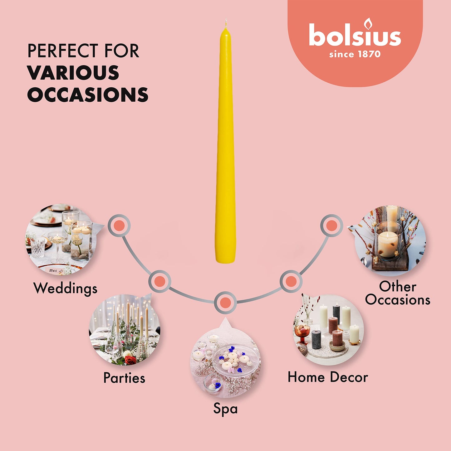 BOLSIUS Yellow Taper Candles - 4 Pack Unscented 10 Inch Dinner Candle Set - 8 Hours Burn Time - Premium European Quality - Smokeless and Dripless Household Wedding, Party, and Home Decor Candlesticks