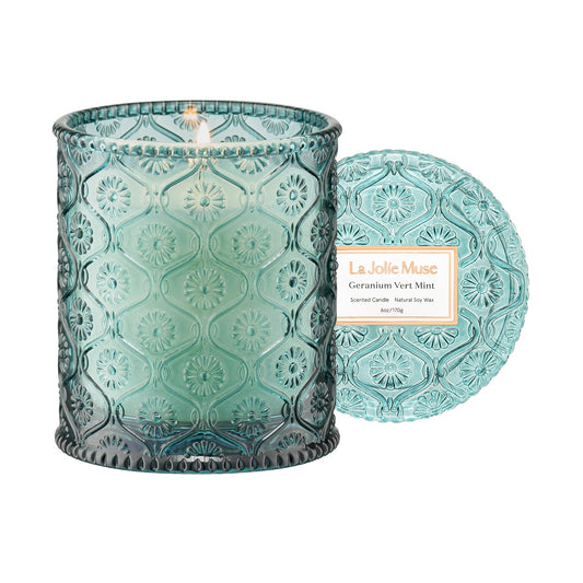 LA JOLIE MUSE Geranium Vert Mint Candle - Mint, Geranium, Lavender | 6 oz Natural Soy Wax | 40 Hours Clean Burn | Fresh Scented Candle | Gift-Ready for Hosts & Gatherings