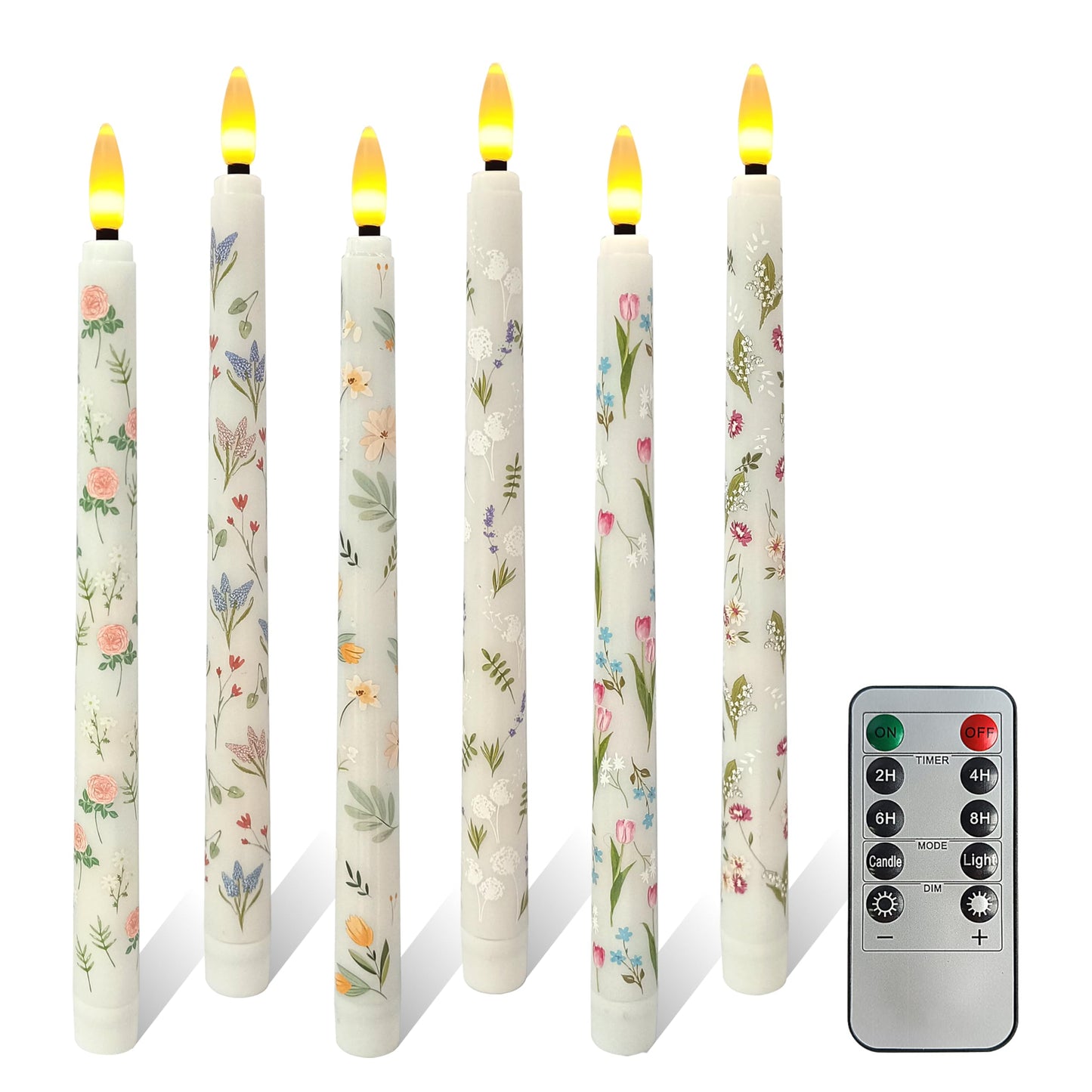 FCMSHAMD 6PCS Floral Flameless Taper Candles, 11 Inch LED Candlesticks Battery Operated with 11-Key Remote and Timer, 3D Flickering Flame Lights for Wedding Party Home Decor Gifts