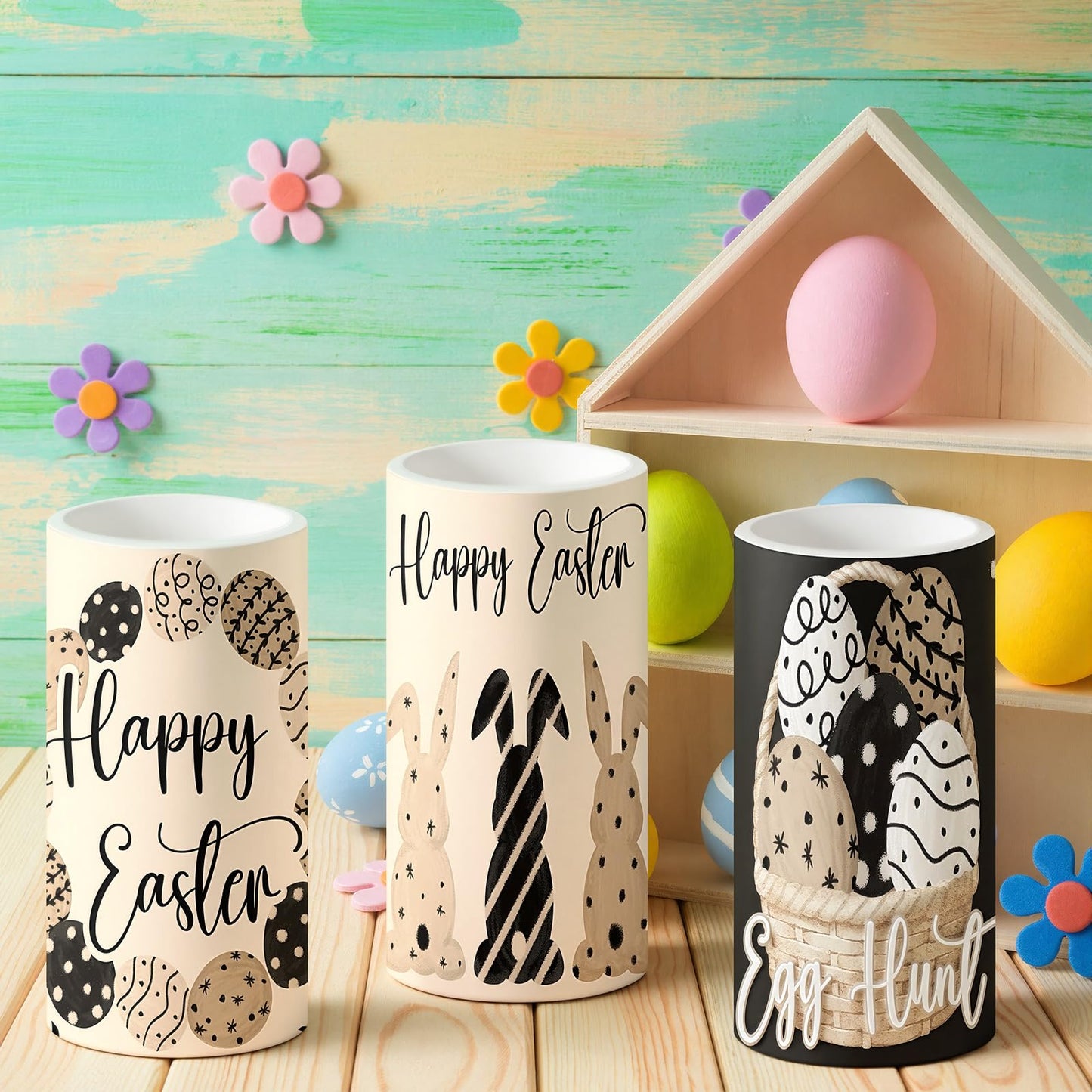 Retisee 3 Pcs Black Brown Easter Flameless LED Candles Battery Operated Bunny Spring Flickering Pillar Candles with Remote Rabbit Easter Centerpiece for Bedroom Living Room Dinner Table Decoration