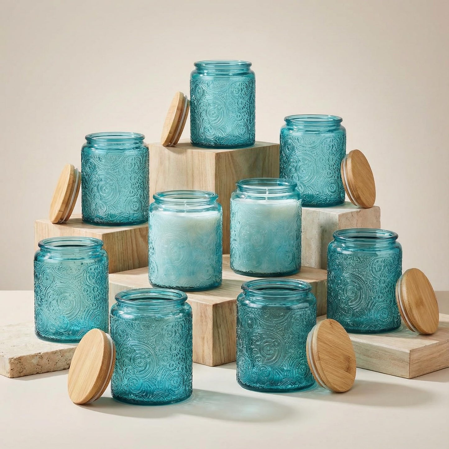 9-Pack 8oz Embossed Glass Candle Container with Bamboo Lids and Labels, Blue Candle Jars for Making Candles, Sun Moon Star Design
