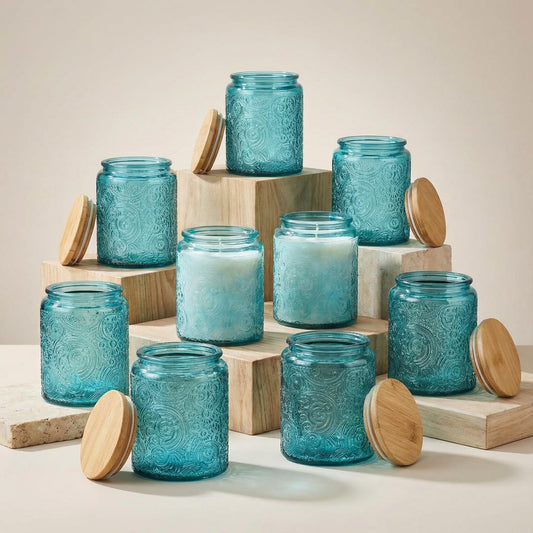 9-Pack 8oz Embossed Glass Candle Container with Bamboo Lids and Labels, Blue Candle Jars for Making Candles, Sun Moon Star Design