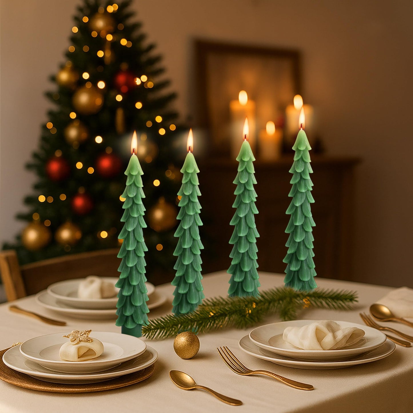 Shupakul 4 Pcs Christmas Tree Taper Candles-10 Inch Unscented Tree Shaped Taper Candle-Green Christmas Decorative Tree Candles for Home Decor Party Centerpiece Decoration