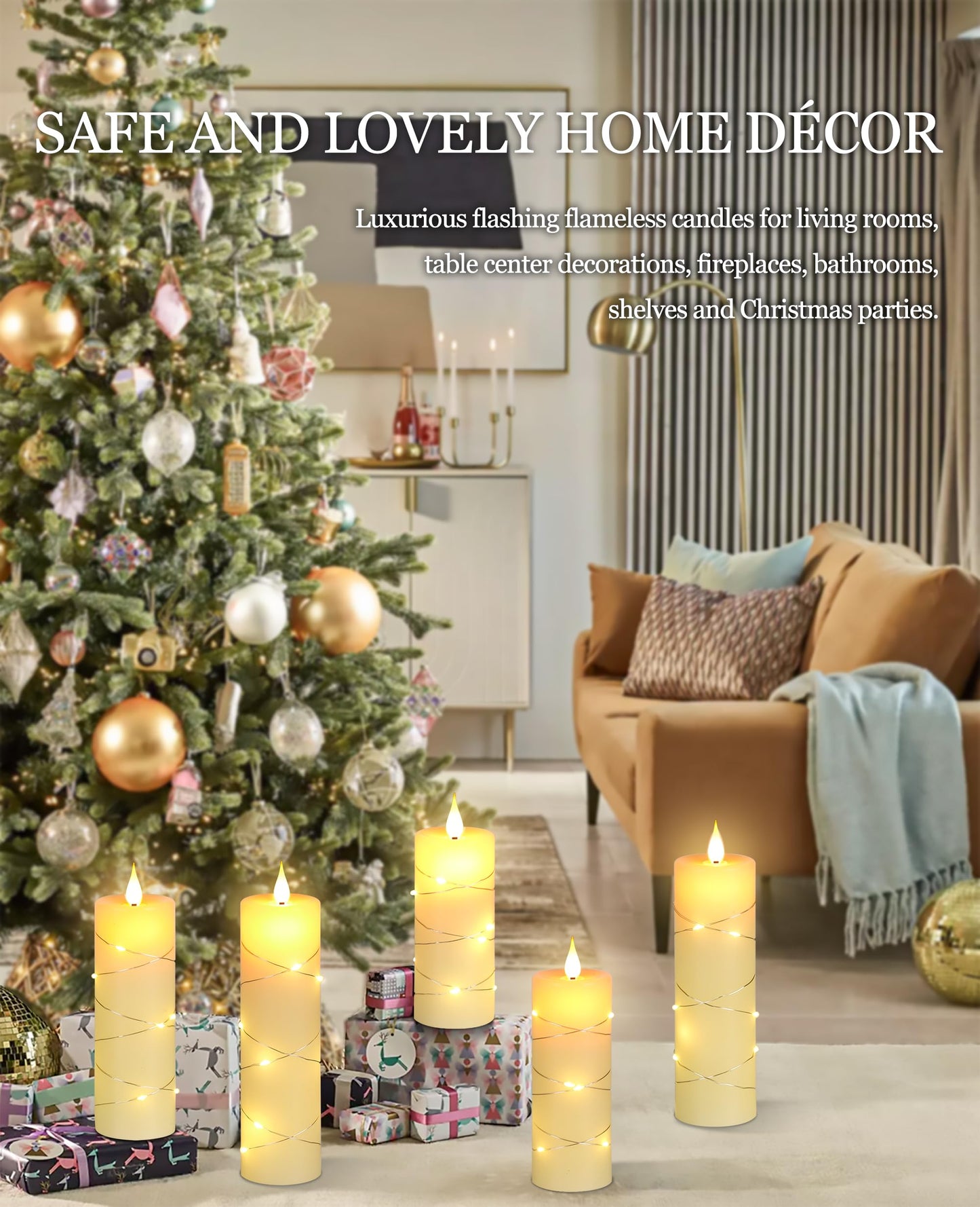 Upinmz Flickering Flameless Candles with Embedded String Lights, Battery Operated Candles with Remote Control and Timer,LED Candles for Home Decoration,Real Wax, 5 Pack Ivory