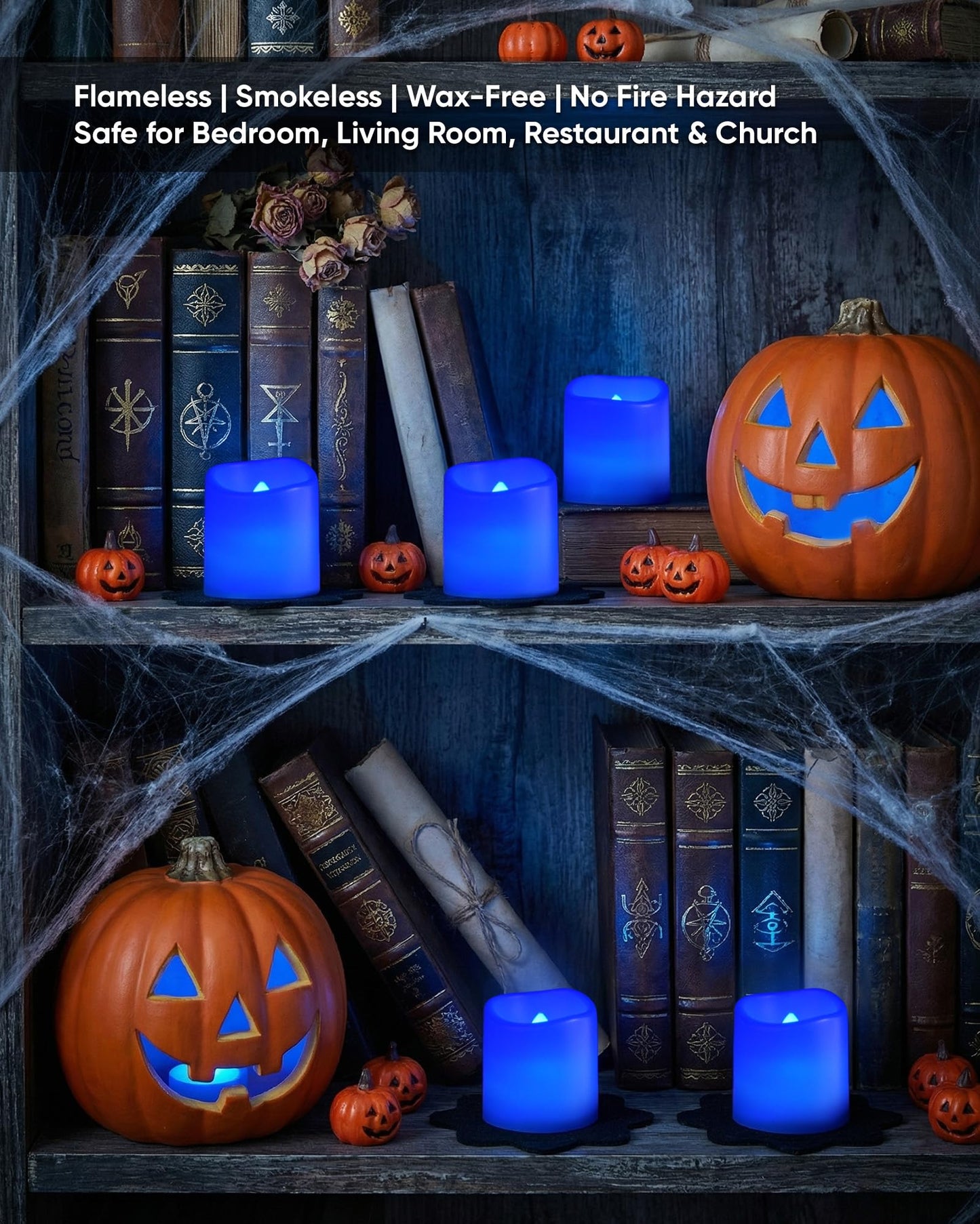 Homemory 24Pack Blue Flickering Flameless Votive Candles, 200+Hour Electric Fake Candles, Battery Operated LED Tealight for Wedding, Outdoor, Table, Festival (Warm White,Battery Included)