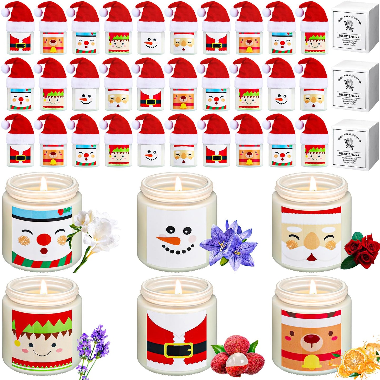 Conelist 72 Pack Christmas Scented Candles Jar Set Include 36 Pcs 7oz Aromatherapy Soy Wax Candles and 36 Pcs Mini Xmas Santa Hat Holiday Table Centerpieces Gifts for Women Men Relaxing Spa