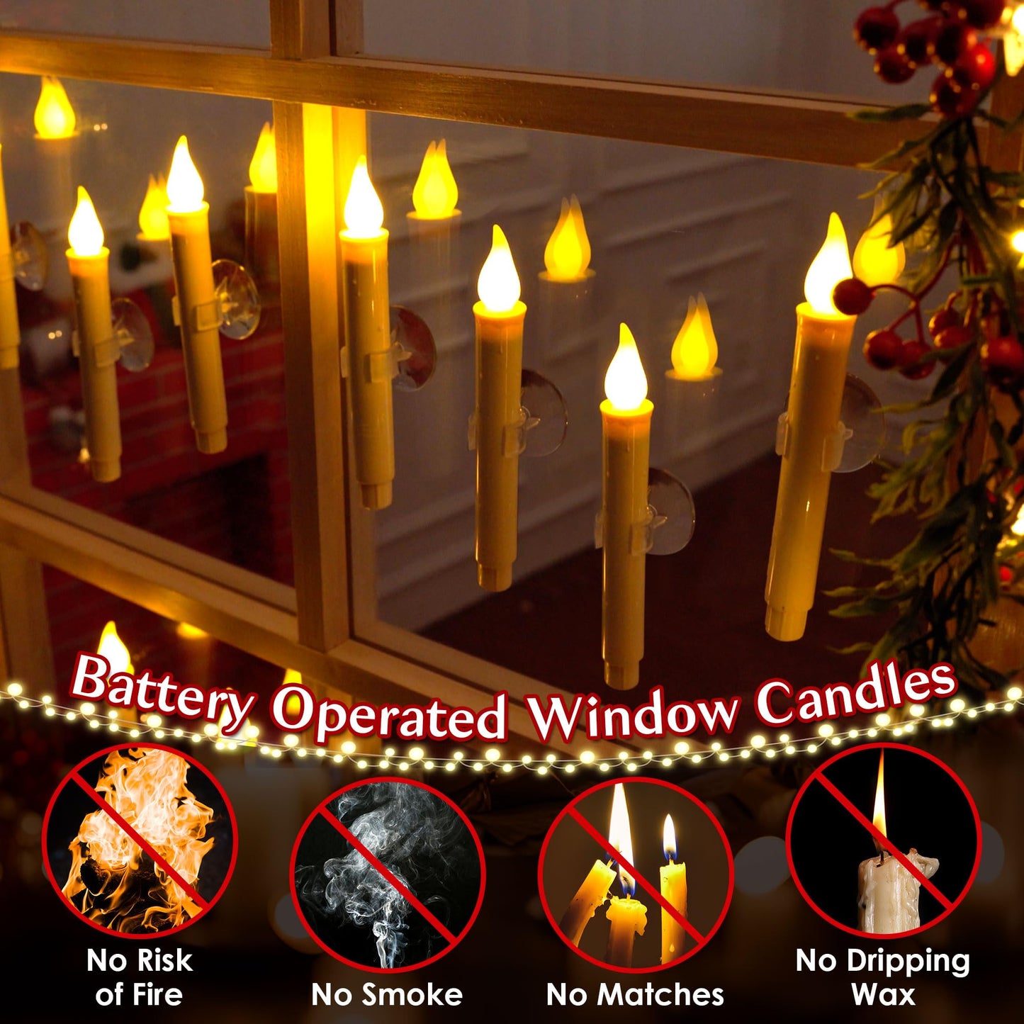 Enhon 12 Pcs Battery Operated Window Candles, Ivory LED Christmas Window Candles with Sensor Dusk to Dawn, Cordless Flameless Taper Candlestick with Battery & Suction Cup for Xmas Wedding Decorations