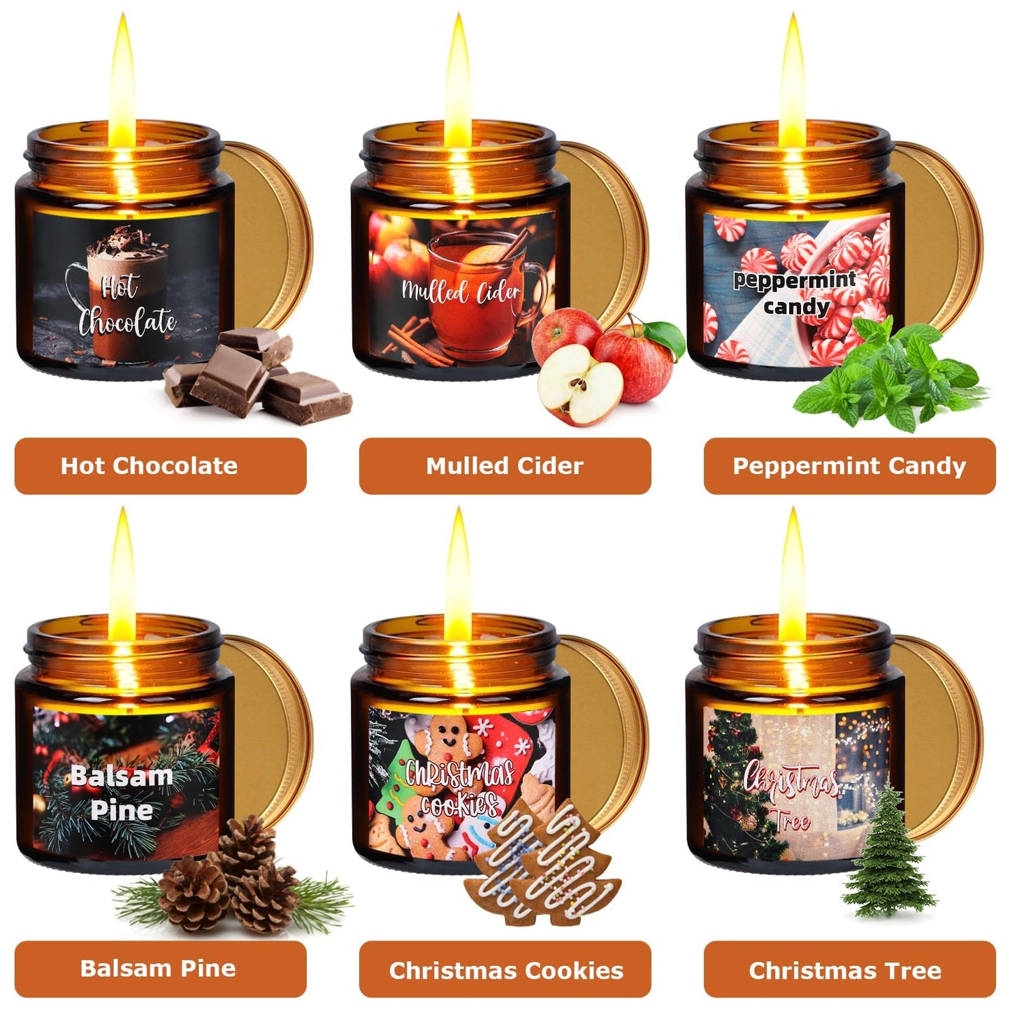 6-Piece Scented Candle Gift Set - Christmas Tree, Cookies, Candy, Pine, Chocolate, Mulled Cider