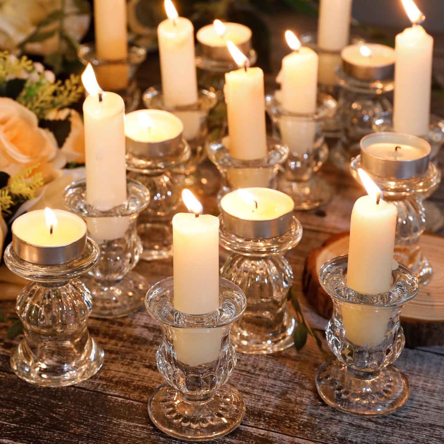18Pcs Glass Taper Candle Holders Bulk Clear Crystal Candle Stick Candle Holders Elegant Tapered Candlestick Holders Bulk Glass Candlestick for Table Centerpiece Wedding Party Christmas Thanksgiving