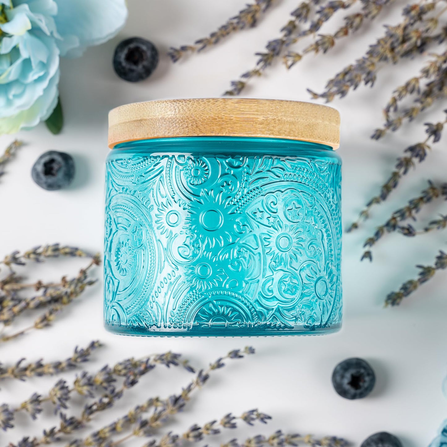 10 oz Embossed Glass Candle Container with Bamboo Lids and Labels, Clear Candle Jars for Making Candles, Sun Moon Stars Design - Pack of 9 (Blue)