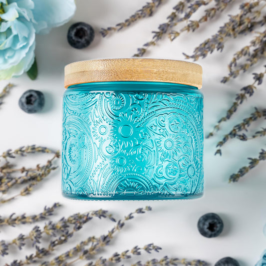 10 oz Embossed Glass Candle Container with Bamboo Lids and Labels, Clear Candle Jars for Making Candles, Sun Moon Stars Design - Pack of 9 (Blue)