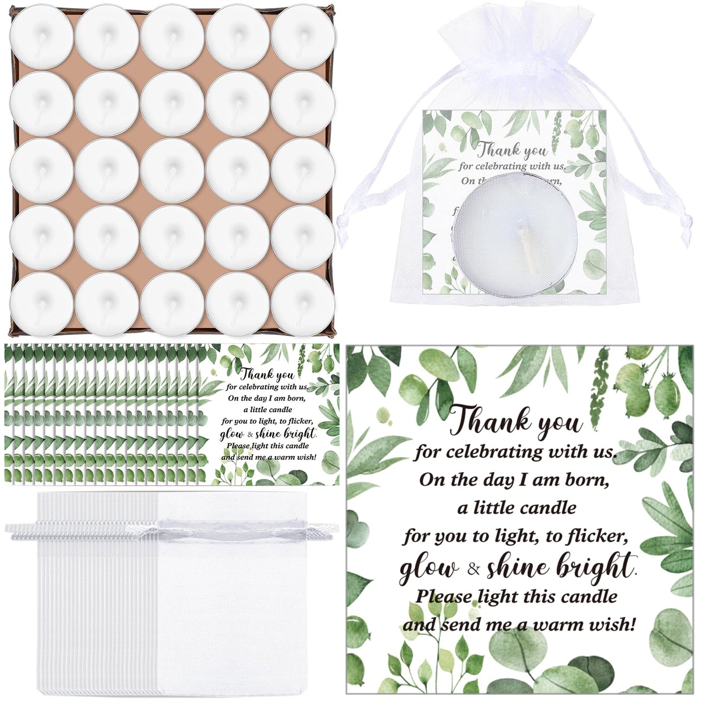 MTLEE 50 Sets Baby Shower Party Favors Candles Including 50 Pcs Tealight Candles Thank You Cards Baby Shower Bags for Guests Prizes Gender Reveal Party Decorations(White,Eucalyptus)