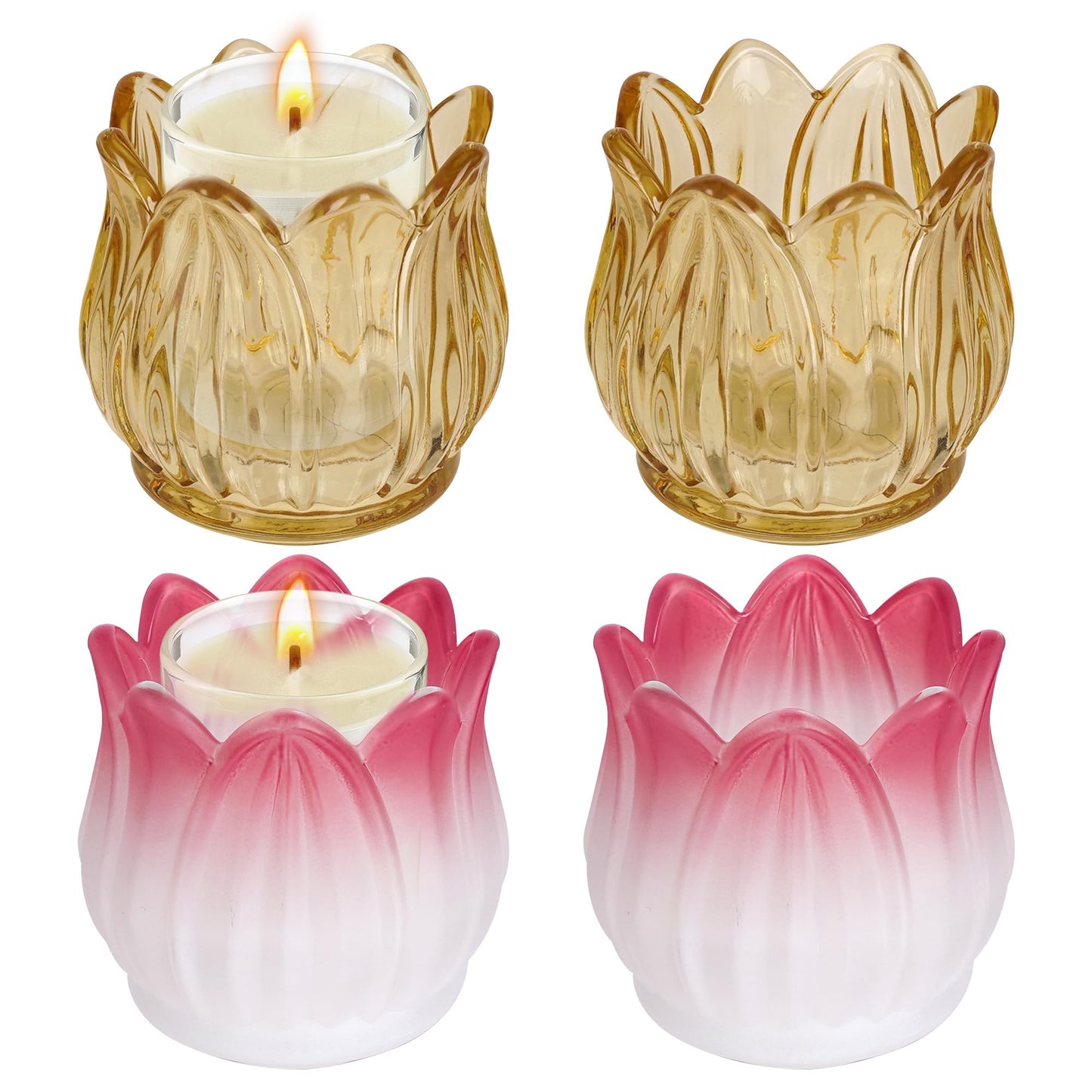 TOCCOOL 4 Pack Tulip Flower Shaped Glass Candle Holders for Votive & Tealight Candles, Wedding Table Centerpiece Decor & Home Decor (Amber, Pink-White Gradient)