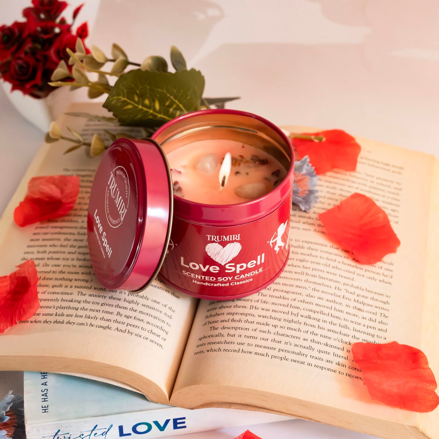 Love Spell - Scented Candles for Women & Men with Rose Petals and Crystals - 5oz Soy Clean Organic Non Toxic - Velas Aromáticas - Aromatherapy Spa Valentines Gift Home Décor Aesthetic Candel