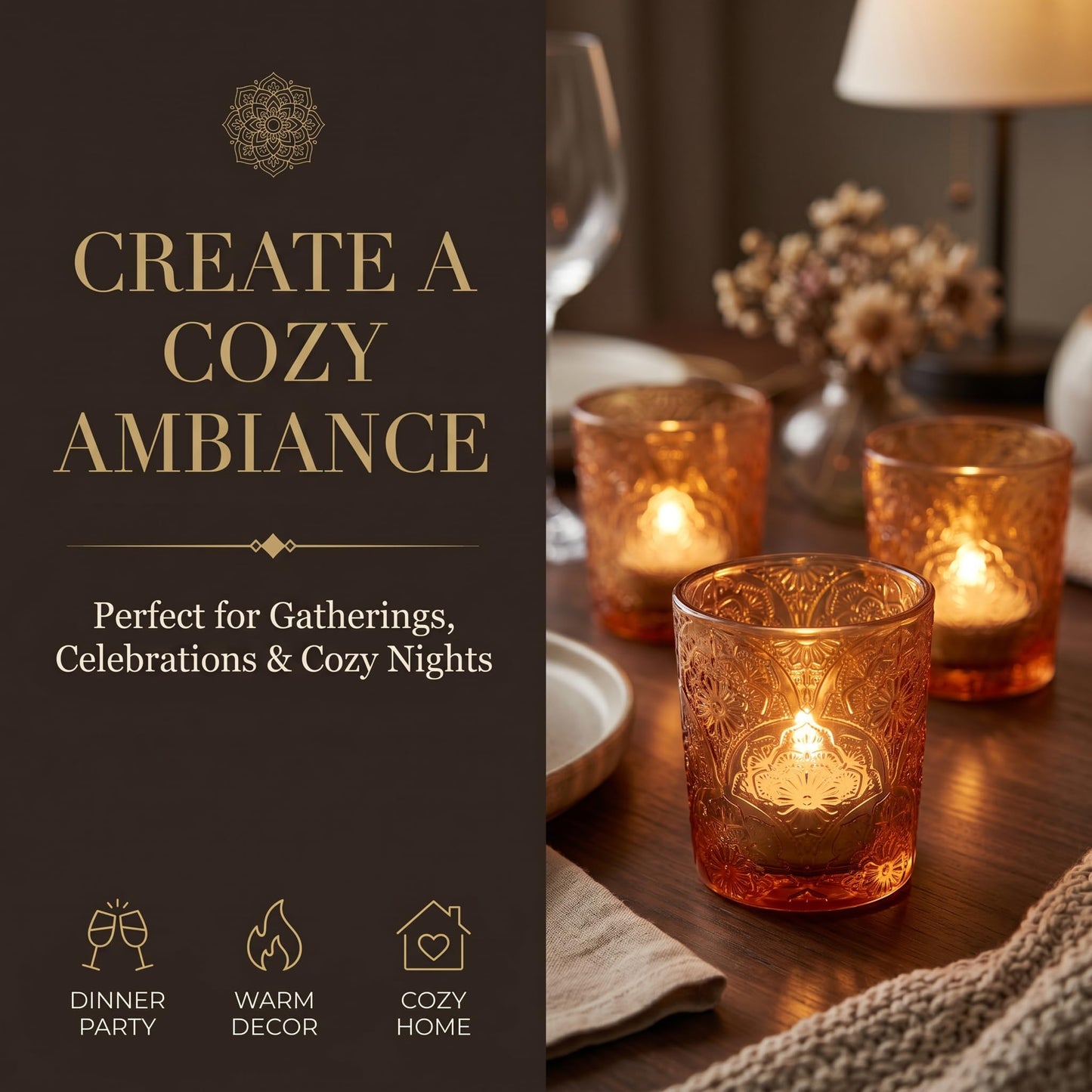12 Pack Mandala Embossed Glass Candle Holders – Votive Tealight Holders with Patent Design, Decorative Embossed Glass Cups for Wedding Centerpieces, Parties, and Home Décor (Pumpkin Spice)